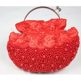 Ladies' Red Satin Flower Design Beading Clutch Bag