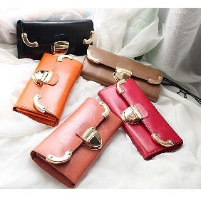 Women Leather Long Pattern Light Gold Metal Clasp Purse Clutches