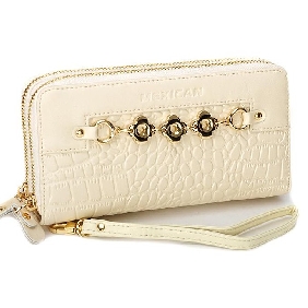 Cream-coloured Lady Cowhide Double Zipper Hand Bag Wristlets