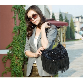Black With Tassel Zipper Hobos Sequins Shoulder Bag