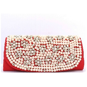 Ladies Pearl Diamond Red Wedding Dinner Hand Bag Clutches